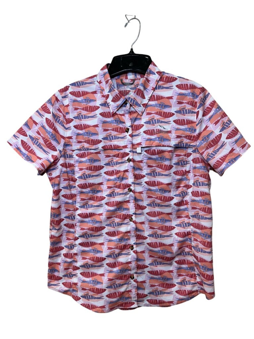 L.L. Bean Shirt Tropicwear Womens Button Up Short Sleeve Vented Fish Print M